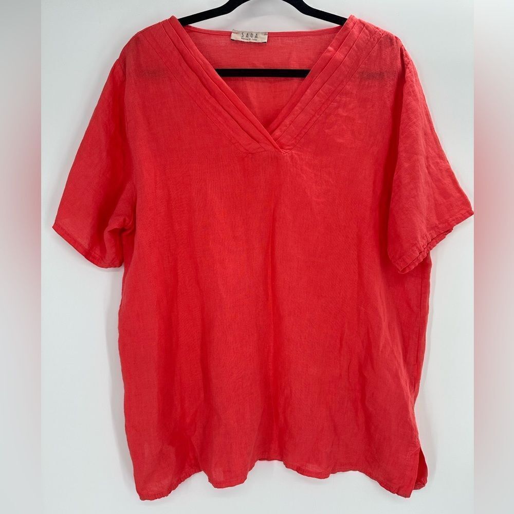 SAGA Linen Coral Pink Orange Top Blouse Relaxed Lagenlook Size XL?